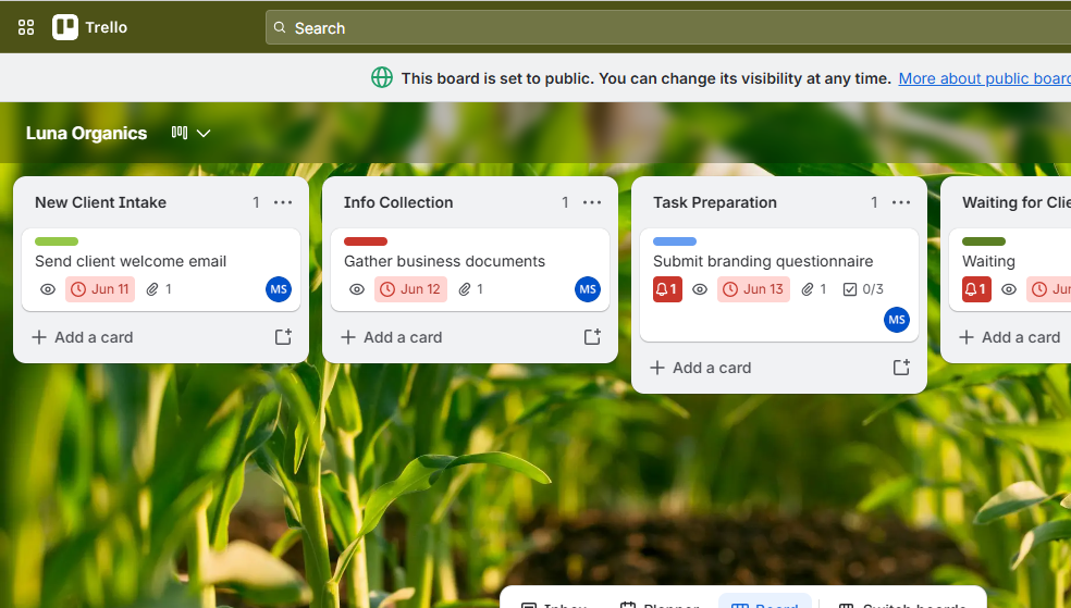Sample Trello workflow board